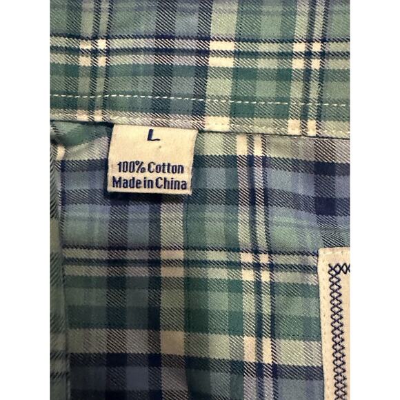 David Donahue Dress Shirt Mens Large Blue Green Plaid 100% Cotton - Picture 6 of 6